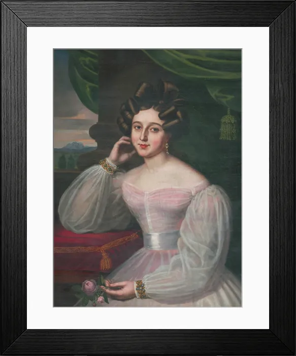Framed Print : Portrait of a young woman in a pink dress, holding a rose, 1829. Creator: Janos Rombauer Framed Print : Portrait of a young woman in a pink dress, holding a rose, 1829. Creator: Janos Rombauer
