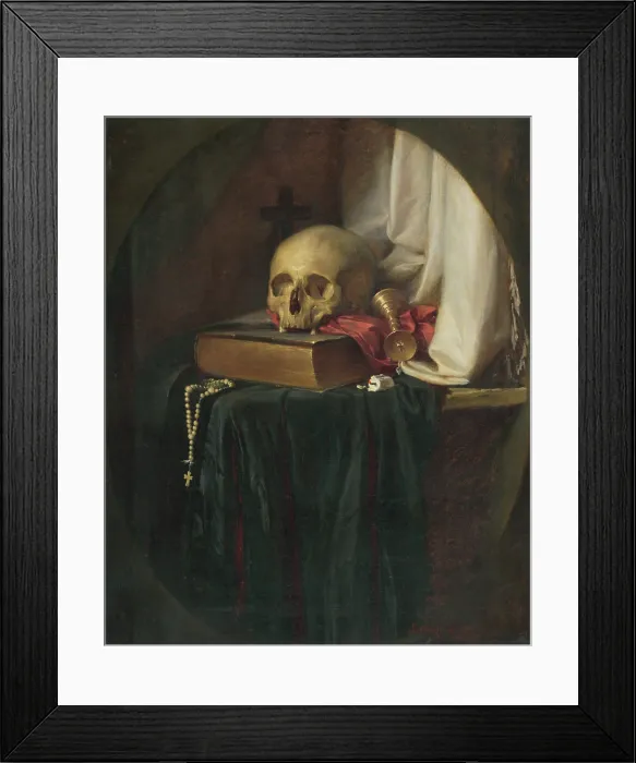 Framed Print : Still life with a skull and a book, 1860. Creator: Gyula Benczur Framed Print : Still life with a skull and a book, 1860. Creator: Gyula Benczur