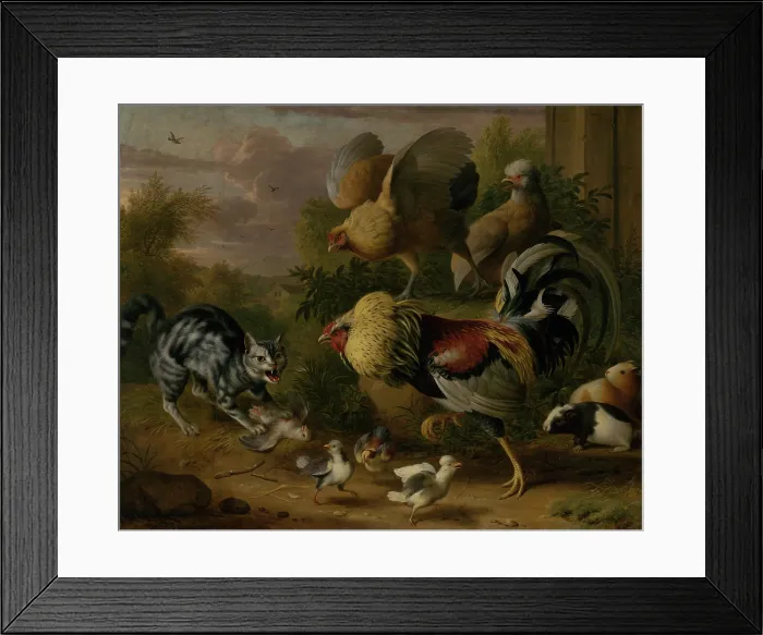 Framed Print : Cat between Cockrels, 1706-1710. Creator: Jakub Bogdan Framed Print : Cat between Cockrels, 1706-1710. Creator: Jakub Bogdan