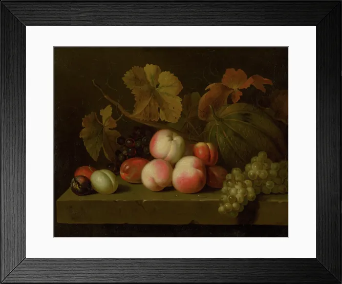 Framed Print : Still Life with Peaches, Grapes, Plums, and Melon, around 1710. Creator: Jakub Bogdan Framed Print : Still Life with Peaches, Grapes, Plums, and Melon, around 1710. Creator: Jakub Bogdan