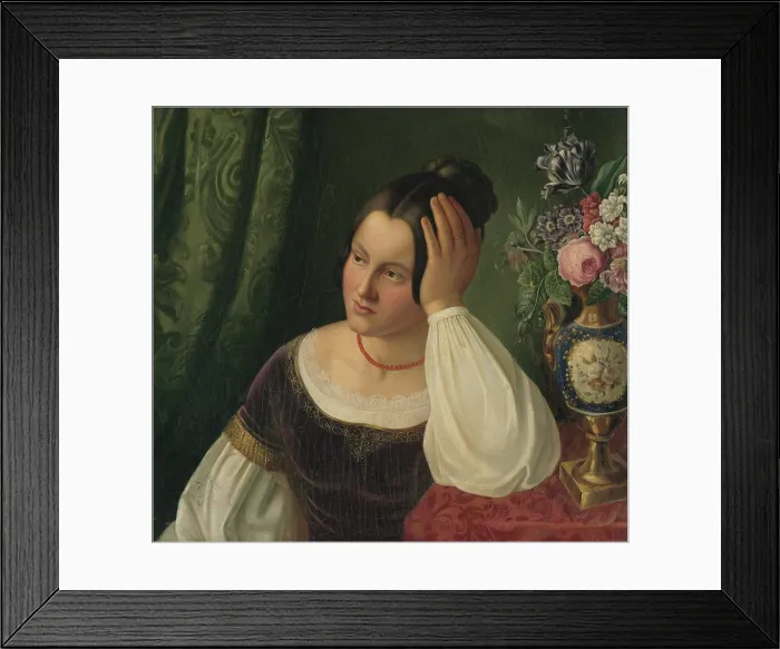 Framed Print : Young woman with vase of flowers, 1841. Creator: Imrich Emanuel Roth