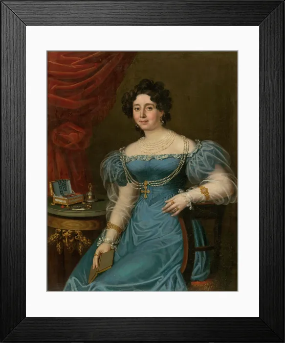 Framed Print : Portrait of a woman in a blue dress (Tereza Mattyasovszka, nee Bydeshazyova), 1827. Creator: Janos Rombauer