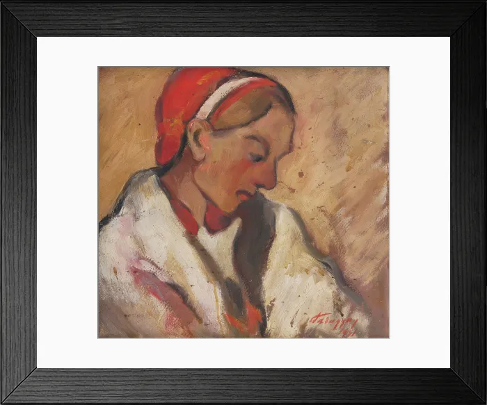 Framed Print : Woman in a red bonnet, 1931. Creator: Zolo Palugyay Framed Print : Woman in a red bonnet, 1931. Creator: Zolo Palugyay