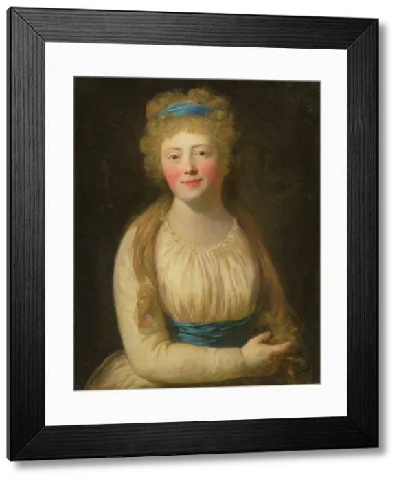 Framed Print : Portrait of a Woman in Pale Clothes with a Blue Ribbon in her Hair, 1780-1800. Creator: Unknown Framed Print : Portrait of a Woman in Pale Clothes with a Blue Ribbon in her Hair, 1780-1800. Creator: Unknown