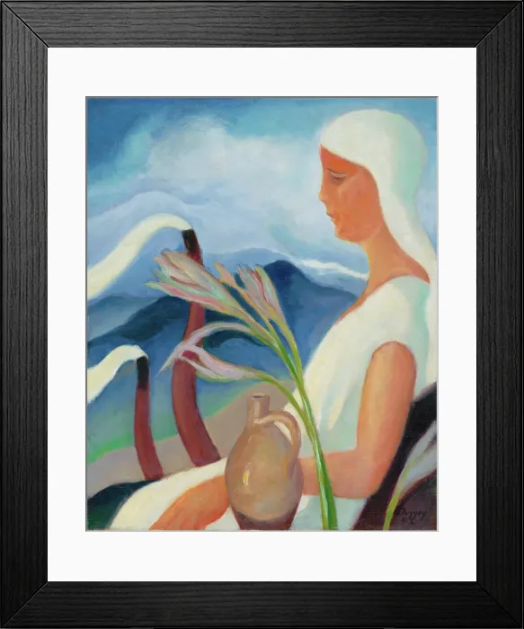 Framed Print : Girl in White with Factory Chimneys and Flowers, 1932. Creator: Zolo Palugyay Framed Print : Girl in White with Factory Chimneys and Flowers, 1932. Creator: Zolo Palugyay
