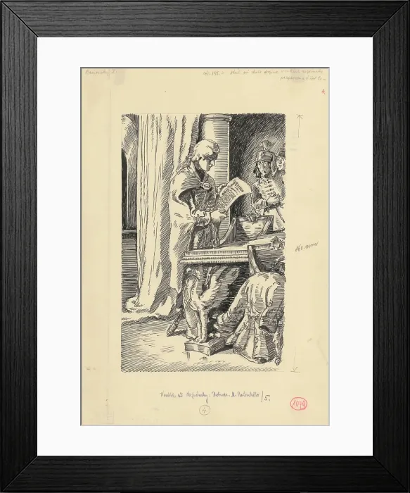Framed Print : 28.-He stood at the table holding an unrolled parchment in his hands and reading it, 1953. Creator: Andrej Kovacik