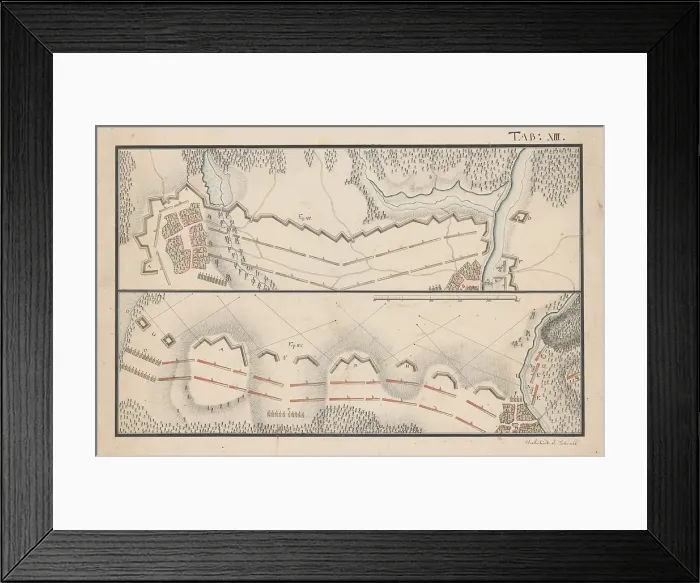 Framed Print : Two plans - defensive lines and distribution of troops near settlements, 2nd half 18th century. Creator: Unknown Framed Print : Two plans - defensive lines and distribution of troops near settlements, 2nd half 18th century. Creator: Unknown