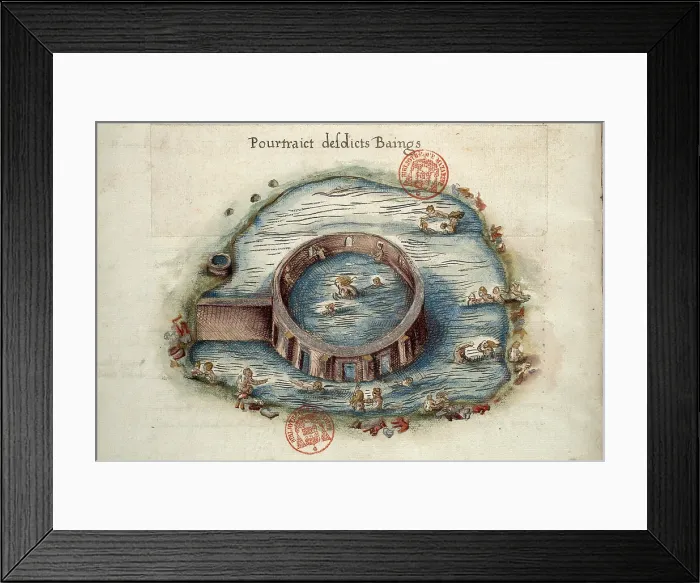 Framed Print : Bains de Bourbon-Lancy. Miniature from Generale description du pais et duche de Bourb... 1561-1574. Creator: Anonymous master Framed Print : Bains de Bourbon-Lancy. Miniature from Generale description du pais et duche de Bourb... 1561-1574. Creator: Anonymous master