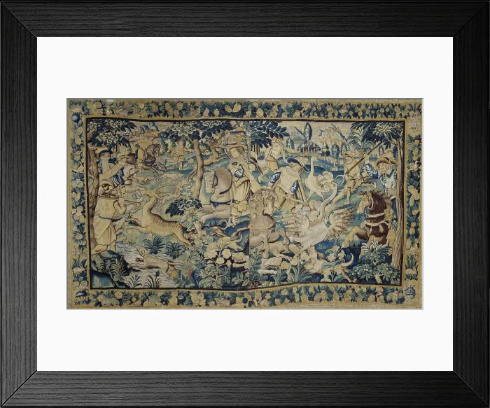 Framed Print : Deer Hunt and An Ostrich Hunt. Tapestry, 17th century. Creator: Anonymous master Framed Print : Deer Hunt and An Ostrich Hunt. Tapestry, 17th century. Creator: Anonymous master