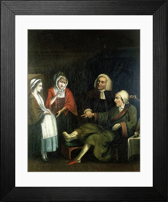 Framed Print : A physician (William Cullen?) taking the pulse of a gouty bachelor... c1770s. Creator: Unknown Framed Print : A physician (William Cullen?) taking the pulse of a gouty bachelor... c1770s. Creator: Unknown