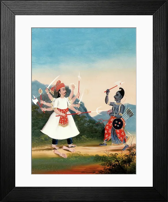 Framed Print : The king Kartavirya Arjuna (left) is attacked by Vishnu as Parashurama (right). Creator: Unknown Framed Print : The king Kartavirya Arjuna (left) is attacked by Vishnu as Parashurama (right). Creator: Unknown