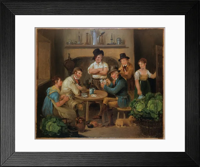 Framed Print : Interior with two men playing cards and four other figures. Creator: Stephen Jenner Framed Print : Interior with two men playing cards and four other figures. Creator: Stephen Jenner