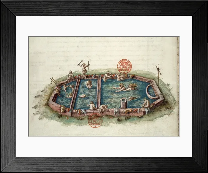 Framed Print : Bains de Neris-les-Bains. Miniature from Generale description du pais et duche de... 1561-1574. Creator: Anonymous master Framed Print : Bains de Neris-les-Bains. Miniature from Generale description du pais et duche de... 1561-1574. Creator: Anonymous master