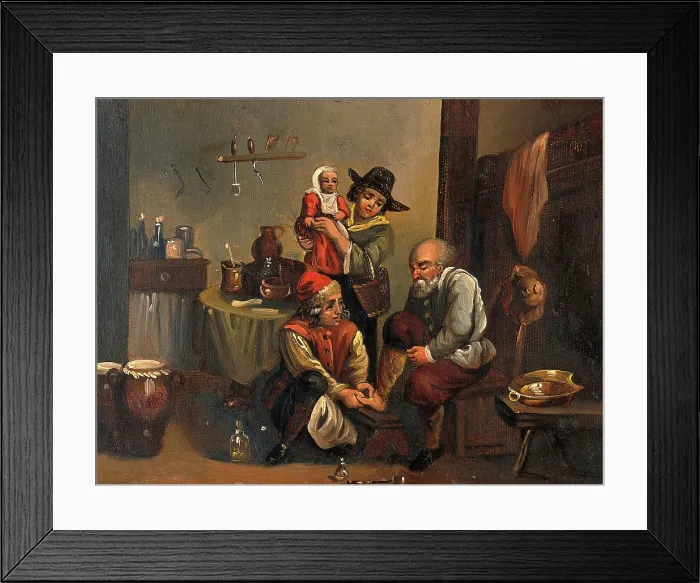 Framed Print : Interior of a surgery with a surgeon attending to a man's foot, and a woman... c1680s. Creators: Unknown, Follower of David Teniers II. Interior of a surgery with a surgeon attending to a man's foot, and a woman... c1680s Framed Print : Interior of a surgery with a surgeon attending to a man's foot, and a woman... c1680s. Creators: Unknown, Follower of David Teniers II. Interior of a surgery with a surgeon attending to a man's foot, and a woman... c1680s