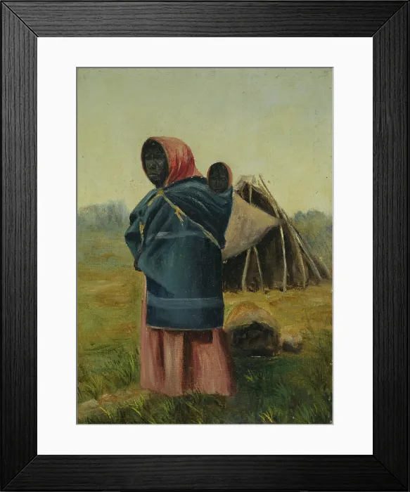 Framed Print : A woman carrying a baby on her back, a tent in the background, between 1800 and 1899. Creator: Unknown Framed Print : A woman carrying a baby on her back, a tent in the background, between 1800 and 1899. Creator: Unknown