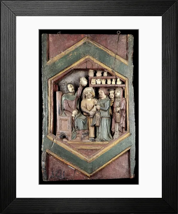 Framed Print : A medical practitioner examining urine brought by his patients. Painted relief after Nino Pisano.. Creator: Pisano, Nino, approximately 1315-approximately 1368 (After) Framed Print : A medical practitioner examining urine brought by his patients. Painted relief after Nino Pisano.. Creator: Pisano, Nino, approximately 1315-approximately 1368 (After)