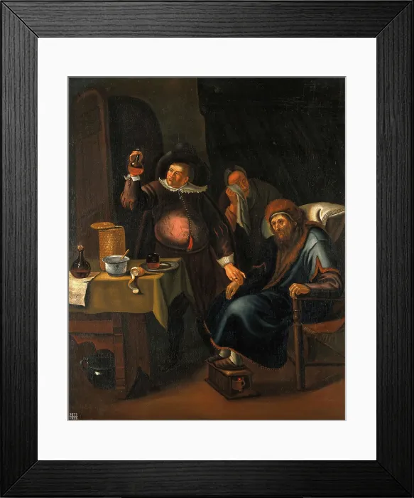 Framed Print : A medical practitioner examining the urine and taking the pulse of an elderly man. Creator: Jan Steen Framed Print : A medical practitioner examining the urine and taking the pulse of an elderly man. Creator: Jan Steen