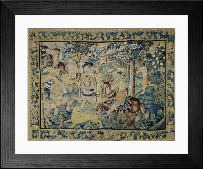 Framed Print : Lion Hunting. Tapestry, 17th century. Creator: Anonymous master Framed Print : Lion Hunting. Tapestry, 17th century. Creator: Anonymous master