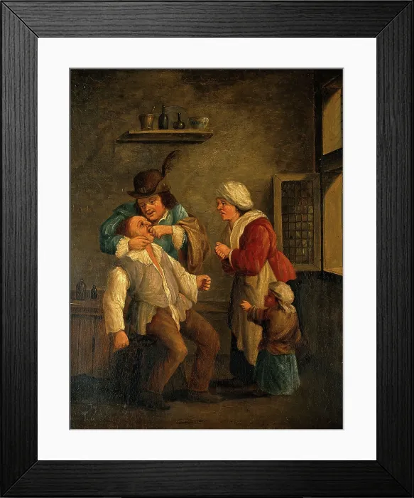 Framed Print : A tooth-drawer operating on a man, with a woman and child looking on. Creator: Both, Andries Dirksz, approximately 1608-1641? (After) Framed Print : A tooth-drawer operating on a man, with a woman and child looking on. Creator: Both, Andries Dirksz, approximately 1608-1641? (After)