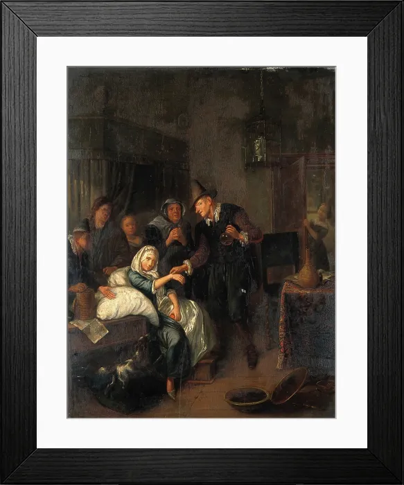 Framed Print : A medical practitioner taking a girl's pulse and holding a flask of her urine, with four other... Creator: Brakenburg, Richard, 1650-1702 (After). A medical practitioner taking a girl's pulse and holding a flask of her urine, with four other