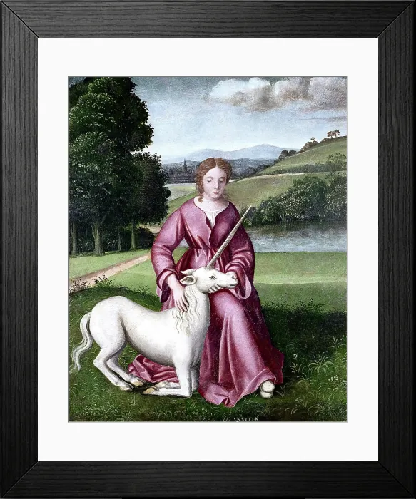 Framed Print : A virgin and a unicorn; representing chastity. Creator: Dosso Dossi Framed Print : A virgin and a unicorn; representing chastity. Creator: Dosso Dossi