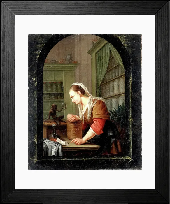 Framed Print : A woman in a pharmacy with a urine flask and a monkey holding an empty flask at a casement, 1780. Creator: Jacob Toorenvliet Framed Print : A woman in a pharmacy with a urine flask and a monkey holding an empty flask at a casement, 1780. Creator: Jacob Toorenvliet