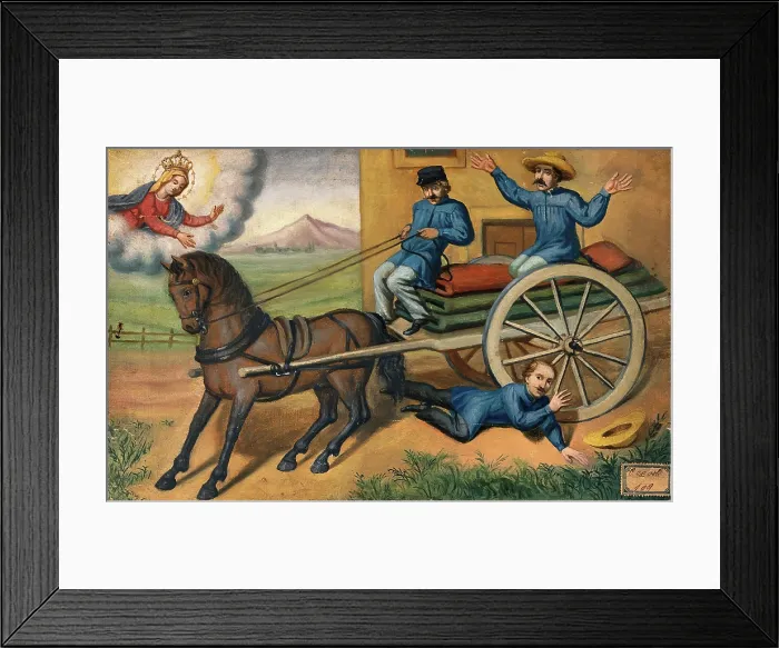 Framed Print : A man praying to the Virgin as he is run over by a horse-drawn cart carrying textiles. Creator: Unknown Framed Print : A man praying to the Virgin as he is run over by a horse-drawn cart carrying textiles. Creator: Unknown