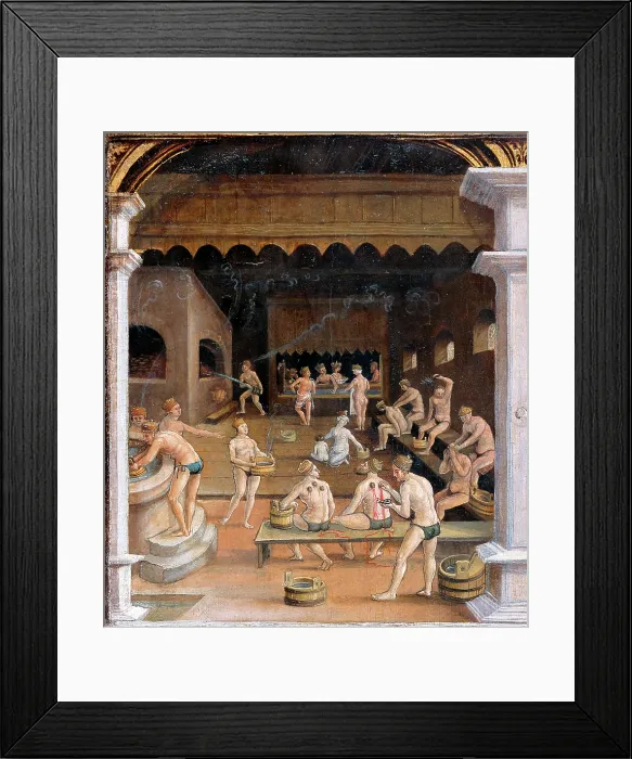 Framed Print : Bathhouse. Panel from a Series of Rural Scenes, c1518-1525. Creator: Wertinger, Hans, von (ca. 1465-1533)