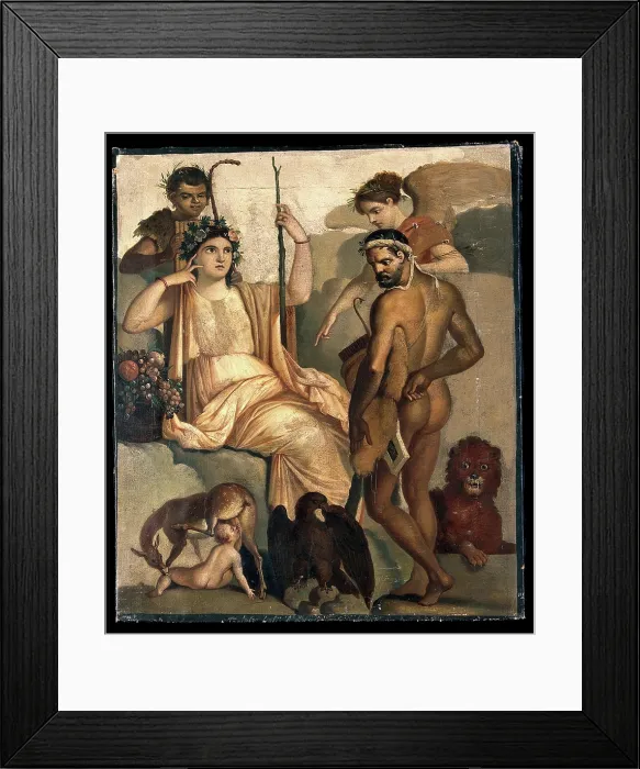 Framed Print : Telephus being suckled by a doe, with Minerva and Hercules. After a fresco. Creator: Unknown Framed Print : Telephus being suckled by a doe, with Minerva and Hercules. After a fresco. Creator: Unknown