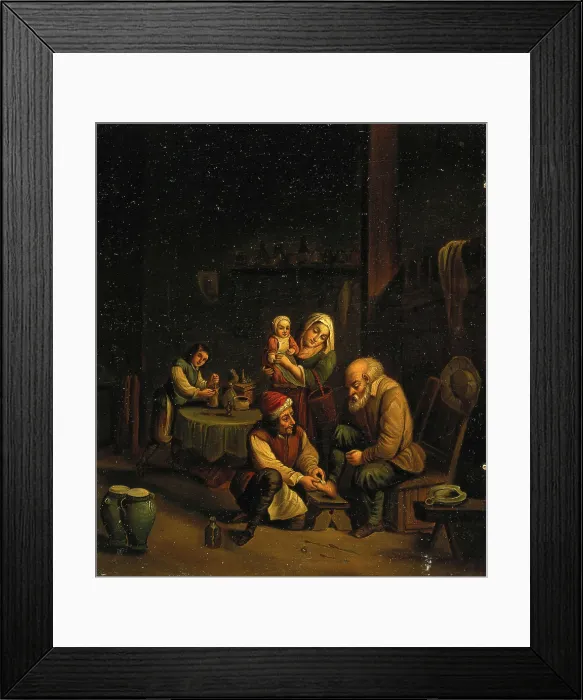 Framed Print : Interior with a surgeon attending to a man's foot, and three other figures, c1680s. Creators: Unknown, Follower of David Teniers II. Interior with a surgeon attending to a man's foot, and three other figures, c1680s Framed Print : Interior with a surgeon attending to a man's foot, and three other figures, c1680s. Creators: Unknown, Follower of David Teniers II. Interior with a surgeon attending to a man's foot, and three other figures, c1680s