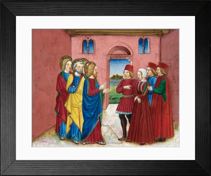 Framed Print : Miniature depicting the Pharisees bringing before Jesus a woman accused of adultery, 1476. Creator: Cristoforo De Predis Framed Print : Miniature depicting the Pharisees bringing before Jesus a woman accused of adultery, 1476. Creator: Cristoforo De Predis