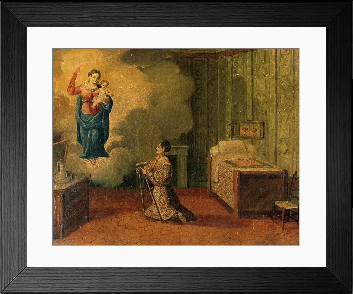 Framed Print : Votive picture: a woman kneeling with crutches, praying to the Virgin and Child. Creator: Unknown Framed Print : Votive picture: a woman kneeling with crutches, praying to the Virgin and Child. Creator: Unknown