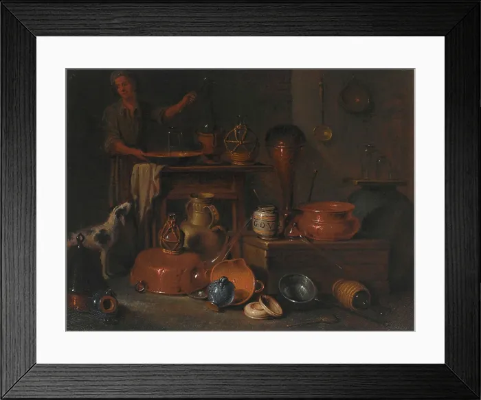 Framed Print : Pharmaceutical vessels: still life with a man and a dog. Creator: Giovan Domenico Valentino Framed Print : Pharmaceutical vessels: still life with a man and a dog. Creator: Giovan Domenico Valentino