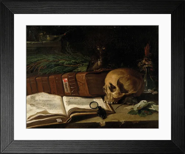 Framed Print : Still life with a ledger, a skull and other objects, 1766. Creator: Unknown Framed Print : Still life with a ledger, a skull and other objects, 1766. Creator: Unknown