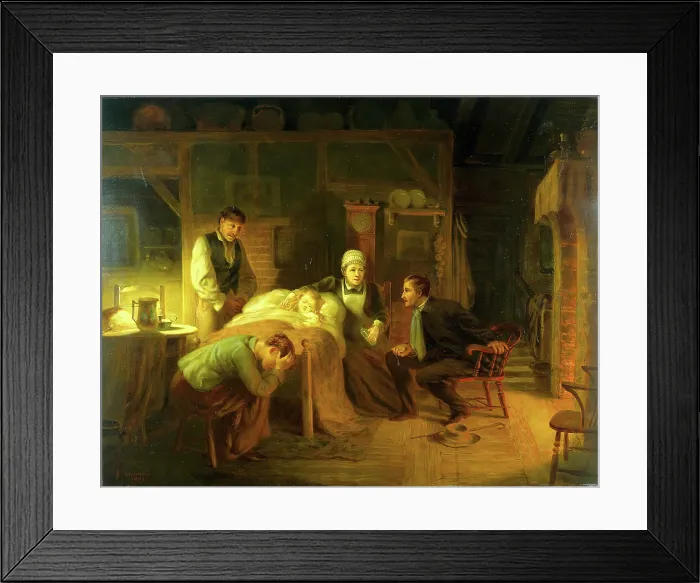 Framed Print : Anxious moments: a sick child, its grieving parents, a nursemaid and a medical practitioner, 1894. Creator: John Whitehead Walton Framed Print : Anxious moments: a sick child, its grieving parents, a nursemaid and a medical practitioner, 1894. Creator: John Whitehead Walton