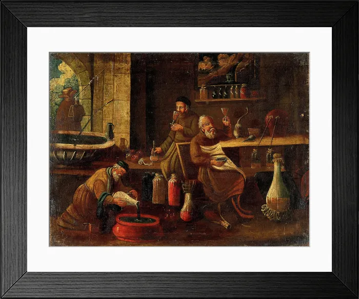 Framed Print : Men (monks?) making and sampling wines, spirits, or other beverages or medicines. Creator: Unknown Framed Print : Men (monks?) making and sampling wines, spirits, or other beverages or medicines. Creator: Unknown
