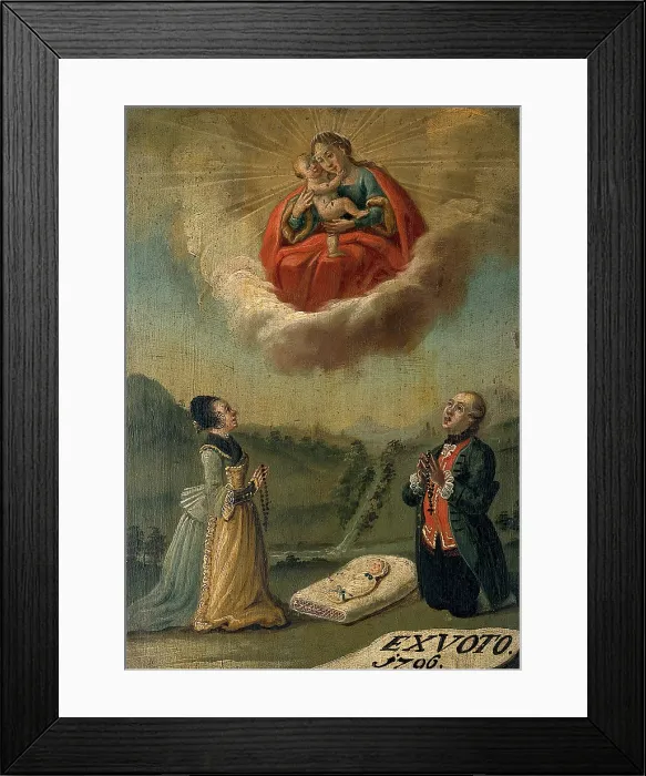 Framed Print : A man and a woman praying to the Virgin and Child for the life of their swaddled baby, 1796. Creator: Unknown Framed Print : A man and a woman praying to the Virgin and Child for the life of their swaddled baby, 1796. Creator: Unknown