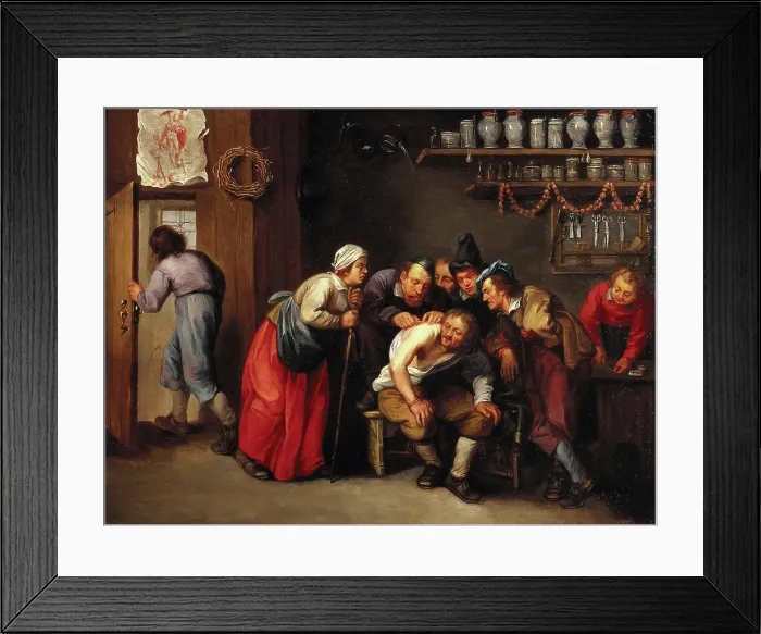 Framed Print : A surgeon removing a plaster from a man's back, with five people looking on, 1647 / 1667. Creator: Adriaen Rombouts. A surgeon removing a plaster from a man's back, with five people looking on, 1647 / 1667. Creator: Adriaen Rombouts Framed Print : A surgeon removing a plaster from a man's back, with five people looking on, 1647 / 1667. Creator: Adriaen Rombouts. A surgeon removing a plaster from a man's back, with five people looking on, 1647 / 1667. Creator: Adriaen Rombouts
