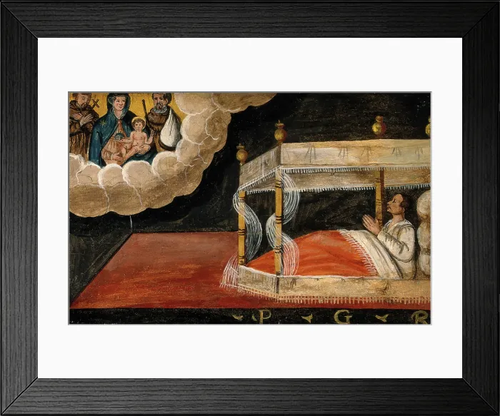 Framed Print : A man in bed praying to the Virgin and Child and two Franciscan saints. Creator: Unknown Framed Print : A man in bed praying to the Virgin and Child and two Franciscan saints. Creator: Unknown