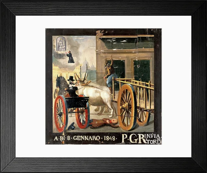 Framed Print : A man praying to the Madonna del Parto for a child run over by an ox-cart, 1848, 1848. Creator: Unknown Framed Print : A man praying to the Madonna del Parto for a child run over by an ox-cart, 1848, 1848. Creator: Unknown