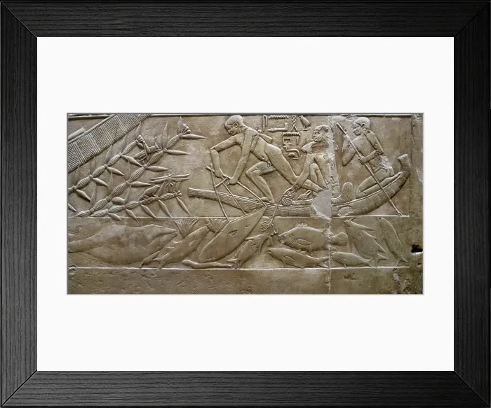 Framed Print : Fishing scene relief, Mastaba of Kagemni, Saqqara, Egypt, Old Kingdom, 6th Dynasty, 2350 BC (2003). Creator: Unknown Framed Print : Fishing scene relief, Mastaba of Kagemni, Saqqara, Egypt, Old Kingdom, 6th Dynasty, 2350 BC (2003). Creator: Unknown