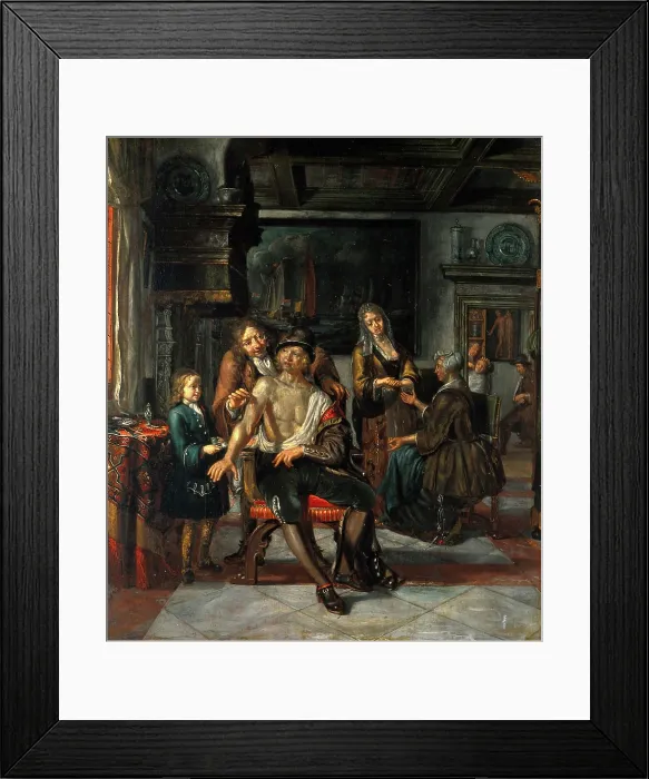 Framed Print : Interior of a surgery with a surgeon treating a wound in the arm of a man, with a boy and... 1700s. Creator: Matthys Naiveu Framed Print : Interior of a surgery with a surgeon treating a wound in the arm of a man, with a boy and... 1700s. Creator: Matthys Naiveu