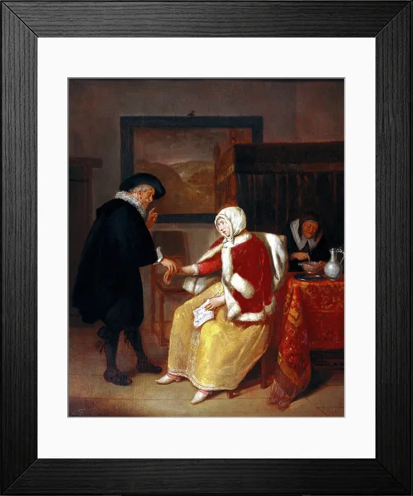 Framed Print : A physician taking the pulse of a young woman, while an old maid prepares gruel for her, c1660s. Creator: Gerritsz Quiringh van Brekelenkam Framed Print : A physician taking the pulse of a young woman, while an old maid prepares gruel for her, c1660s. Creator: Gerritsz Quiringh van Brekelenkam
