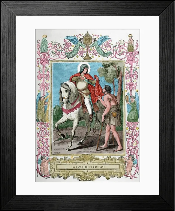 Framed Print : St Martin of Braga (520-589) sharing his cloak with a beggar, 1853. Creator: Cibera