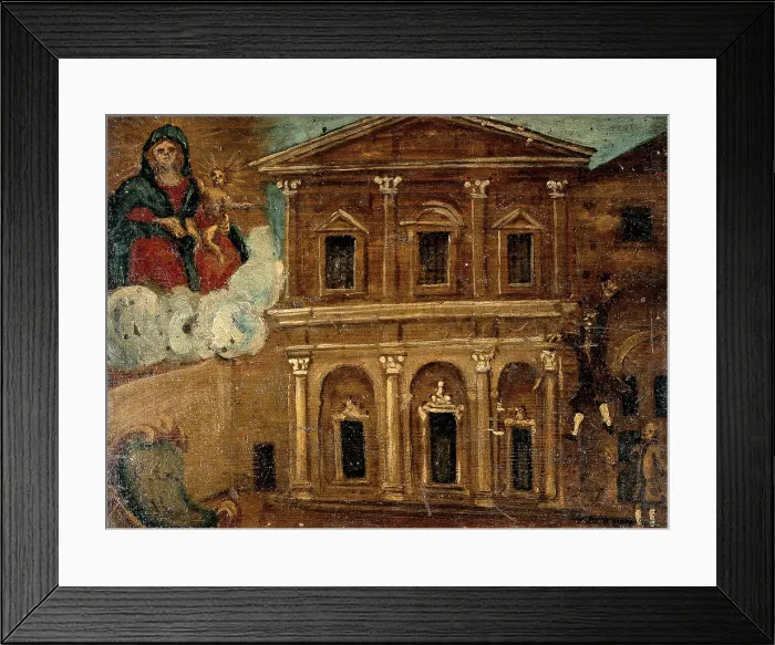 Framed Print : A man falling from the upper storey of a building into a courtyard. Creator: Unknown Framed Print : A man falling from the upper storey of a building into a courtyard. Creator: Unknown