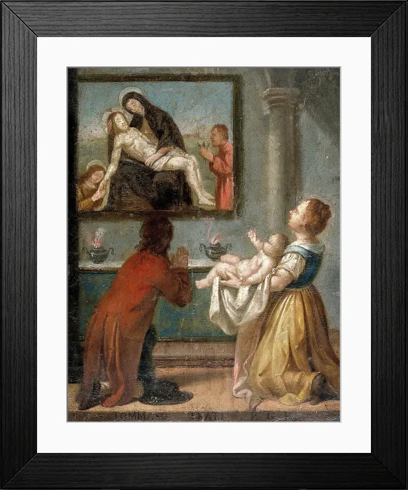 Framed Print : A man and a woman holding a baby before an altar, 18th (?) century. Creator: Unknown Framed Print : A man and a woman holding a baby before an altar, 18th (?) century. Creator: Unknown