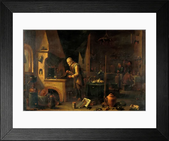 Framed Print : An alchemist in his laboratory, c1680s. Creator: Follower of David Teniers II