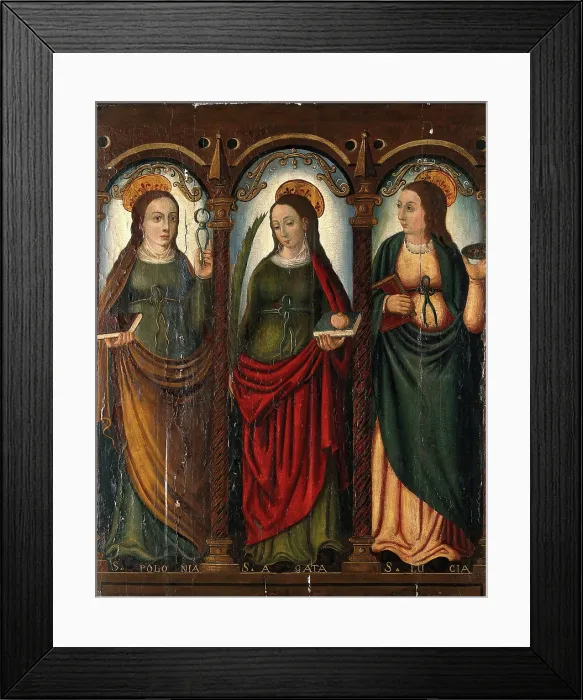 Framed Print : Saint Apollonia, Saint Agatha and Saint Lucy, 16th (?) century.. Creator: Unknown Framed Print : Saint Apollonia, Saint Agatha and Saint Lucy, 16th (?) century.. Creator: Unknown