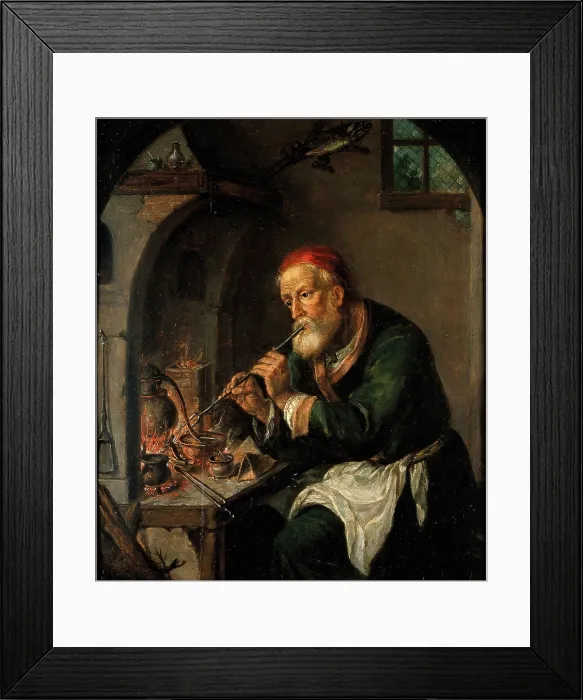 Framed Print : An alchemist blowing on a fire to heat a still, c1750s. Creator: Christian Wilhelm Ernst Dietrich Framed Print : An alchemist blowing on a fire to heat a still, c1750s. Creator: Christian Wilhelm Ernst Dietrich