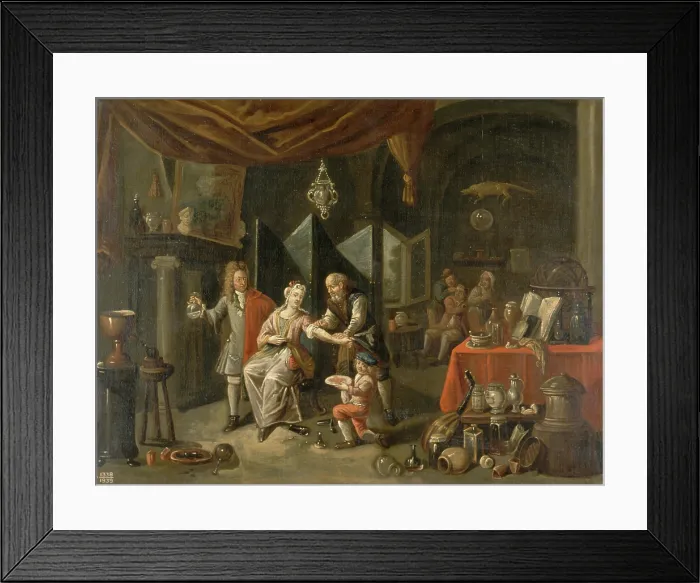 Framed Print : A surgeon letting blood from a woman's arm, and a physician examining a urine-flask, c1700s.. Creator: Balthasar van den Bossche. A surgeon letting blood from a woman's arm, and a physician examining a urine-flask, c1700s Framed Print : A surgeon letting blood from a woman's arm, and a physician examining a urine-flask, c1700s.. Creator: Balthasar van den Bossche. A surgeon letting blood from a woman's arm, and a physician examining a urine-flask, c1700s